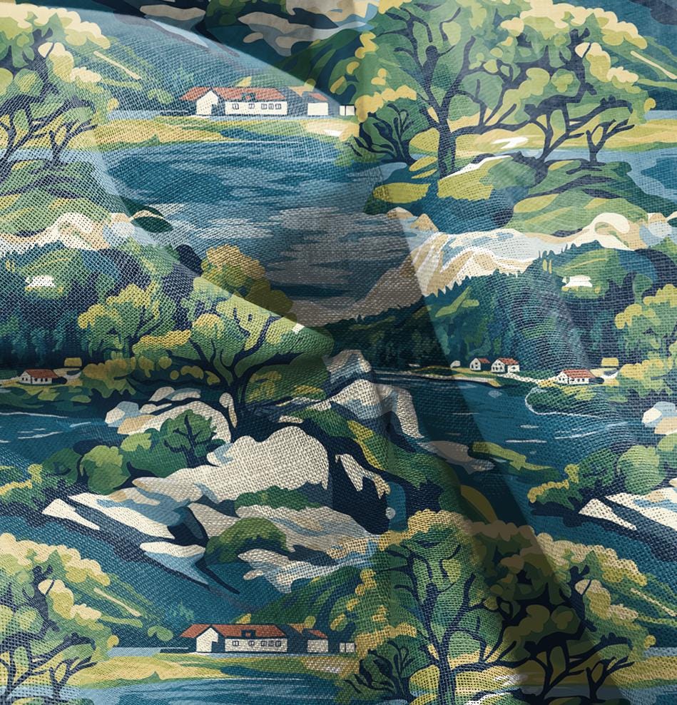 100% LINEN Fabric Swedish archipelago scenery, linen fabric with blue green print, heavy linen fabric for upholstery home decor tablecloth
