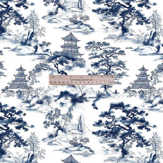 100% LINEN Fabric UPHOLSTERY 12oz - Kyoto Japanese landscape blue print - toile de jouy - pagoda scenery pine floral upholstery 2327