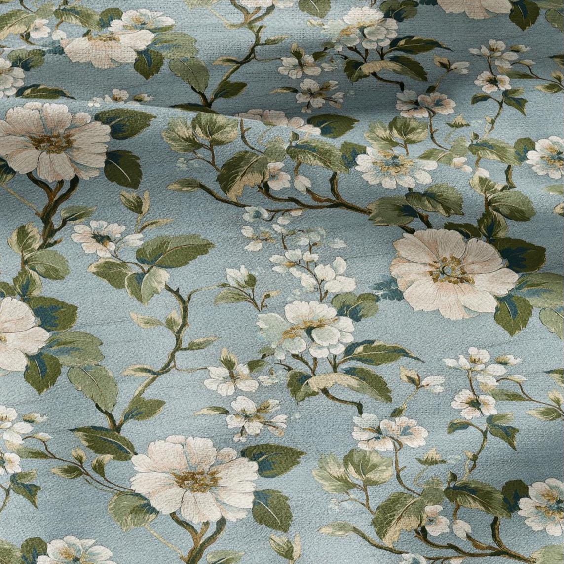 100% LINEN Fabric Apple Blossom print - modern contemporary Chinoiserie print on linen fabric upholstery dress making curtains