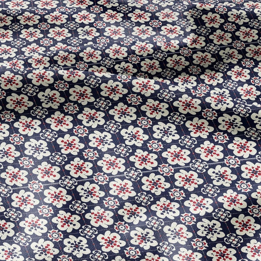 100% LINEN Fabric block print Korean Flower - red blue indigo floral print - heavy upholstery home decor - medium for clothing 2601
