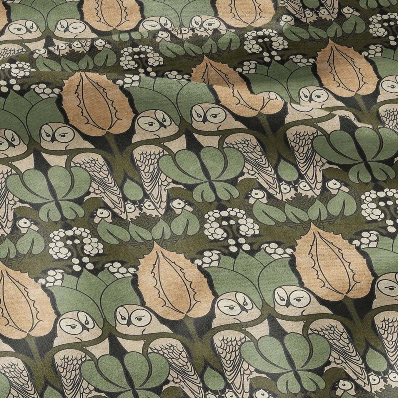 Owl Voysey green print on 100% LINEN - Victorian Art crafts linen Fabric - botanical Historical upholstery home textile