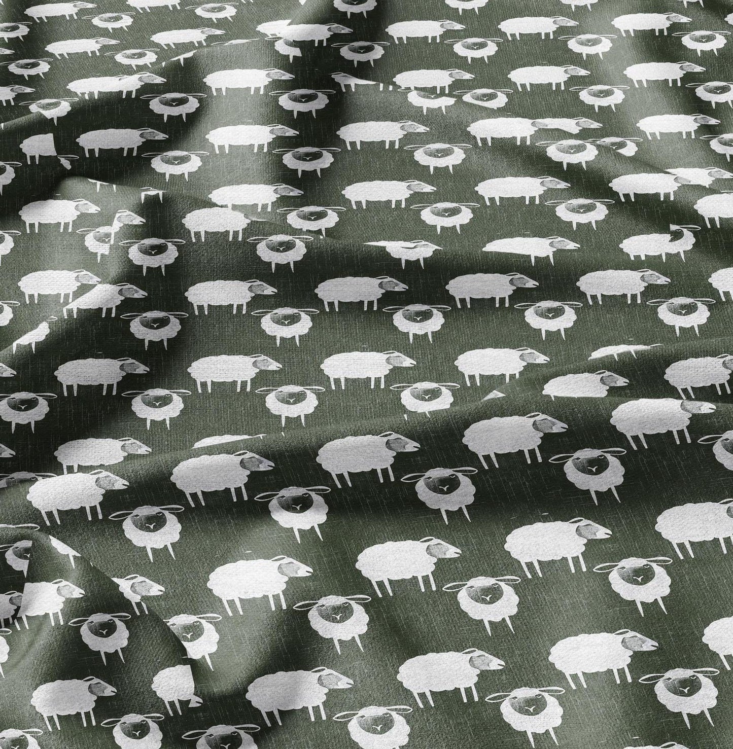 100% LINEN Fabric Sheep green white - white graphic fabric print - Scandinavian linen Modern Nursery fabric