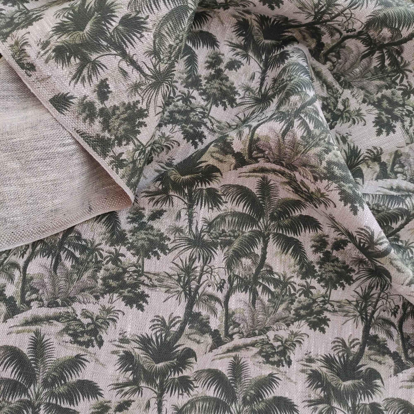 100% LINEN Fabric floral green palm trees print on oatmeal natur linen, linen botanical fabric for upholstery home decor