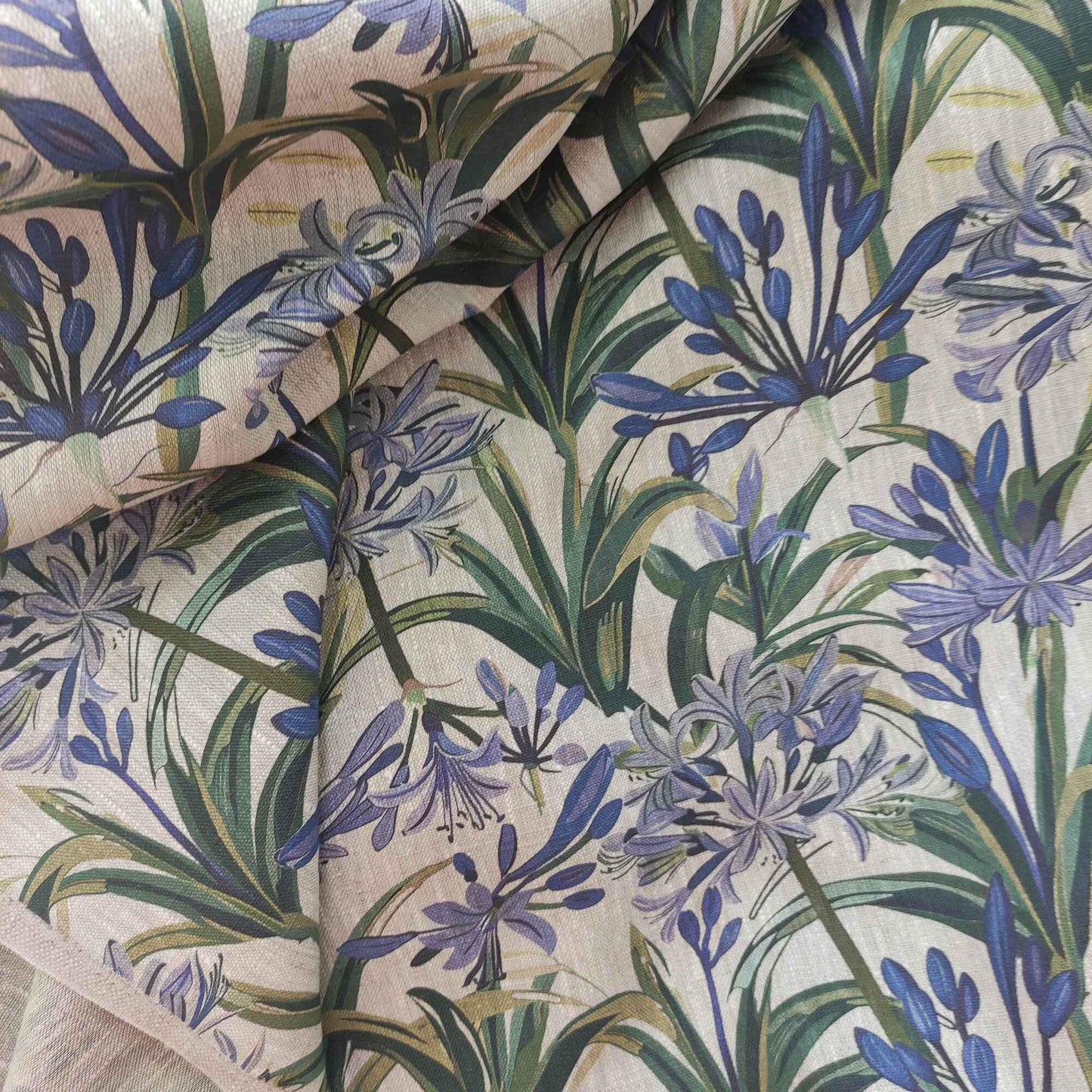 100% LINEN Fabric french blue green purple print on oatmeal natur linen, floral botanical linen fabric for upholstery 324