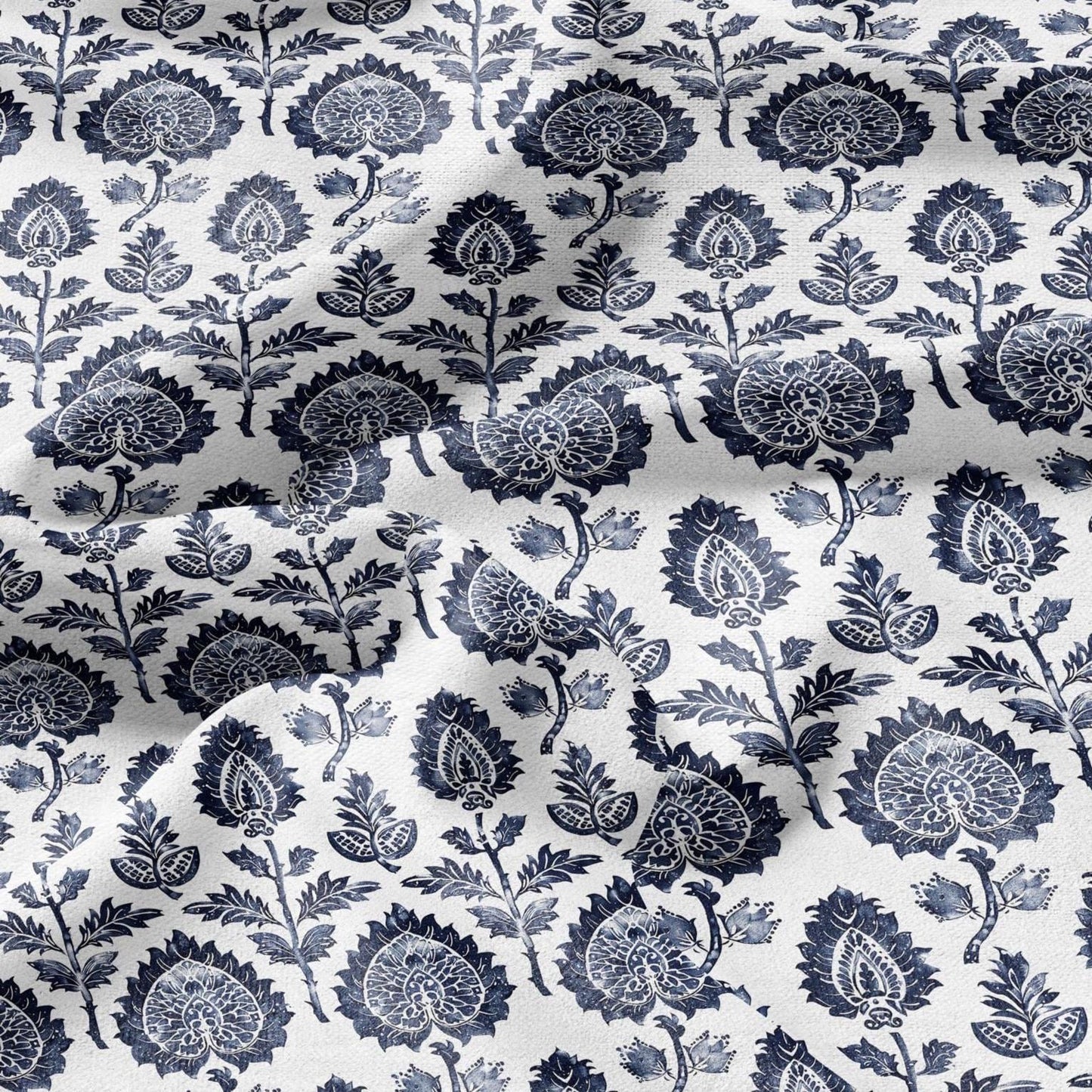 100% LINEN Fabric block print indigo blue on white - blue floral print heavy linen fabric for upholstery home decor 2009
