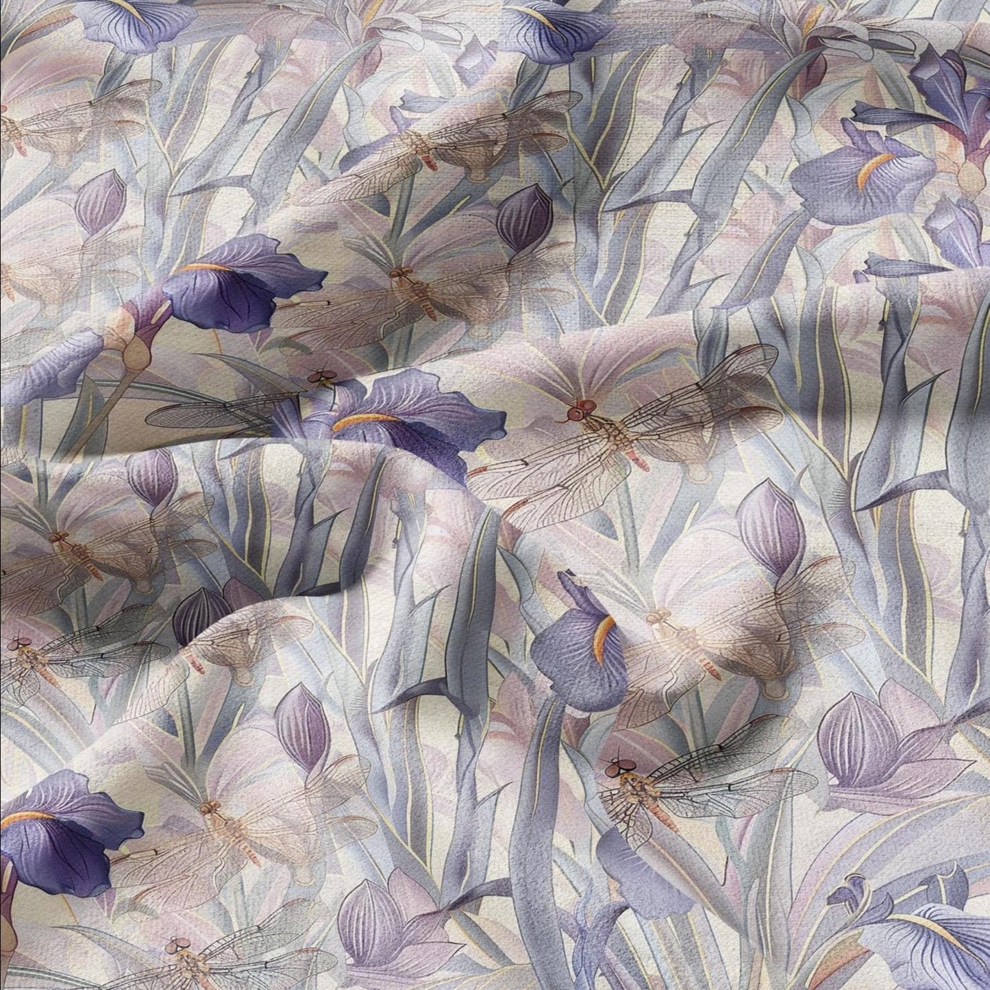 100% LINEN fabric pastel Iris dragonflies print - botanical linen Fabric for upholstery home textile dress making 2028