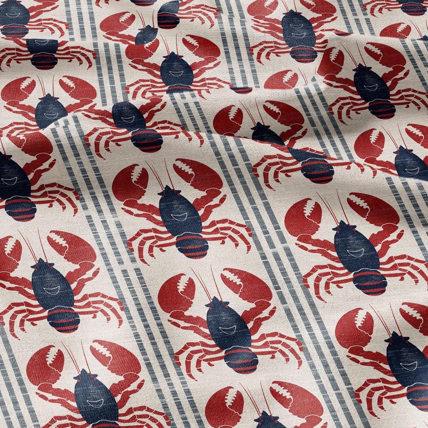 100% LINEN Fabric LOBSTER stripe print - linen fabric with coastal print for upholstery home decor or medium for dress making
