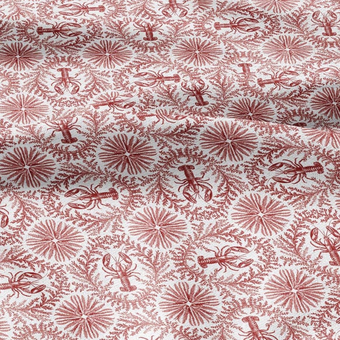 100% LINEN Fabric Red lobster print on white linen - Food print pattern on flax fabric for uphlstery heavy / medium for clothing 2573
