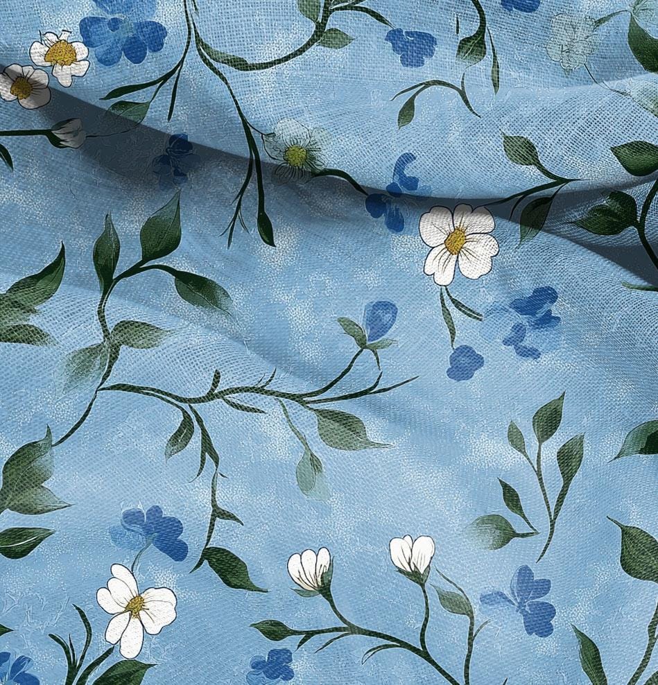 100% LINEN Fabric Floral blue print, linen fabric with blue botanical print, heavy linen fabric for upholstery home decor curtains cushions