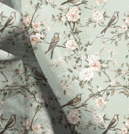 100% LINEN Fabric floral with birds print, heavy linen fabric with pale green print for upholstery home decor curtains pillowcases