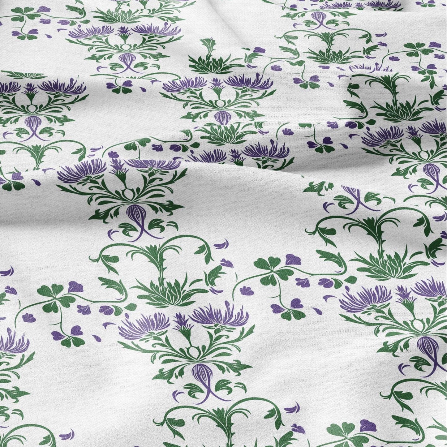 100% LINEN Fabric block print purple green white Thistle - Scandinavian floral print - heavy for upholstery medium for dressmaking 2004