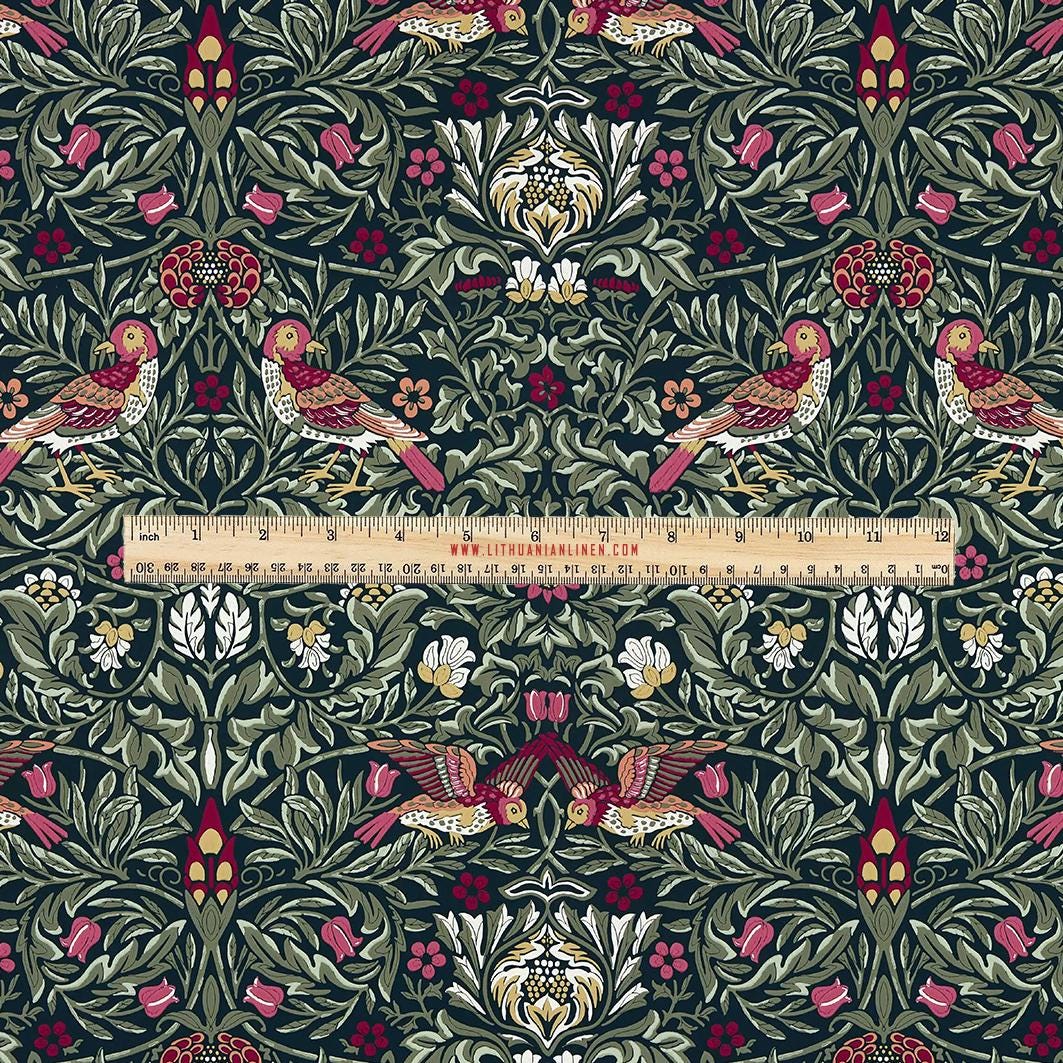 100% LINEN Fabric UPHOLSTERY 12oz - William Morris Birds colorful red green print on linen - Victorian art craft - floral upholstery 3119