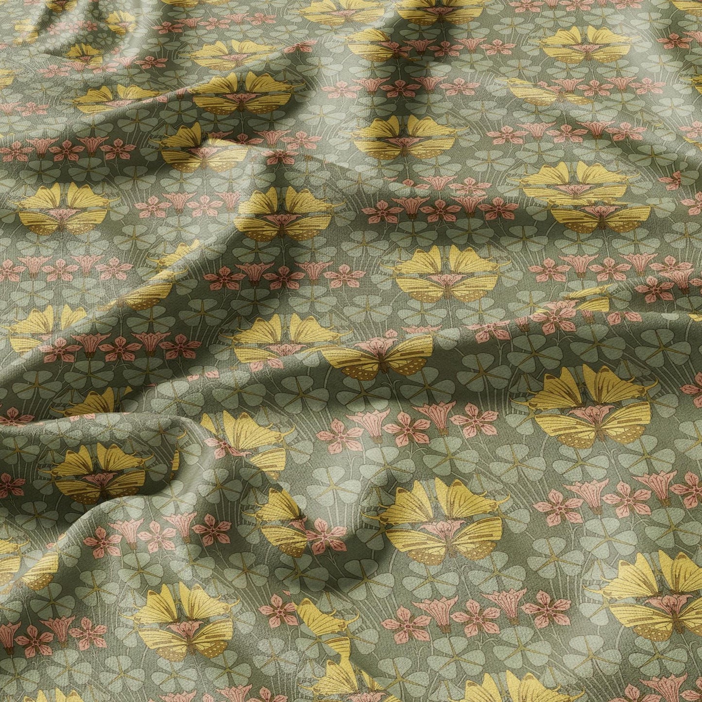 100% linen Art Nouveau Print fabric for Curtain Upholstery Cushion - Floral fabric with butterflies