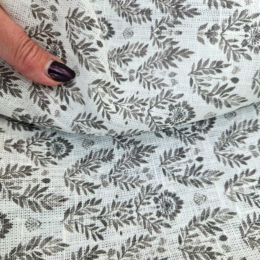 100% Linen fabric Block print grey floral on white - 368W