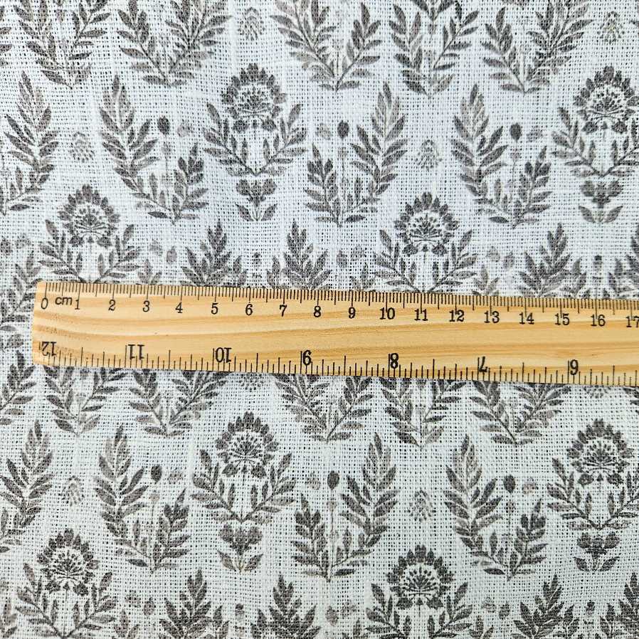 100% Linen fabric Block print grey floral on white - 368W
