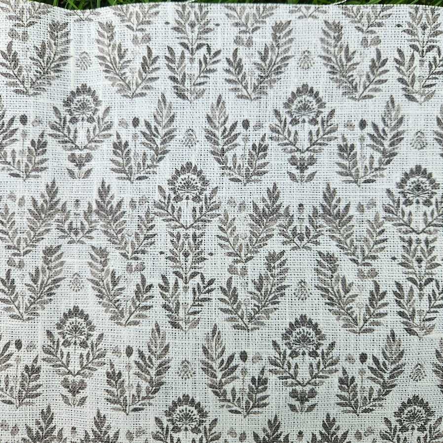 100% Linen fabric Block print grey floral on white - 368W