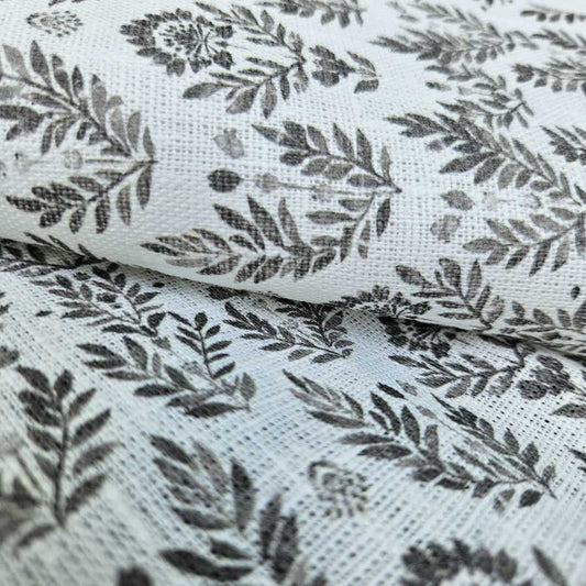 100% Linen fabric Block print grey floral on white - 368W