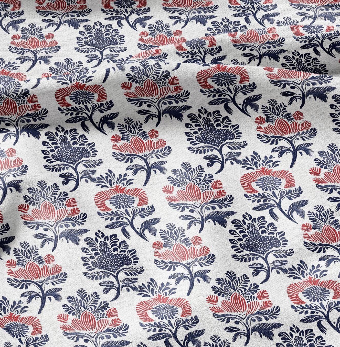 100% LINEN Fabric block print - linen fabric with blue red white floral print - heavy linen fabric for upholstery home decor