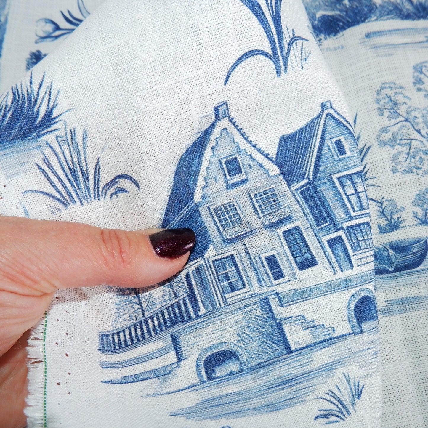 100% LINEN Fabric Delft Holland scenery - linen fabric with blue white print - heavy linen fabric for upholstery home decor tablecloth
