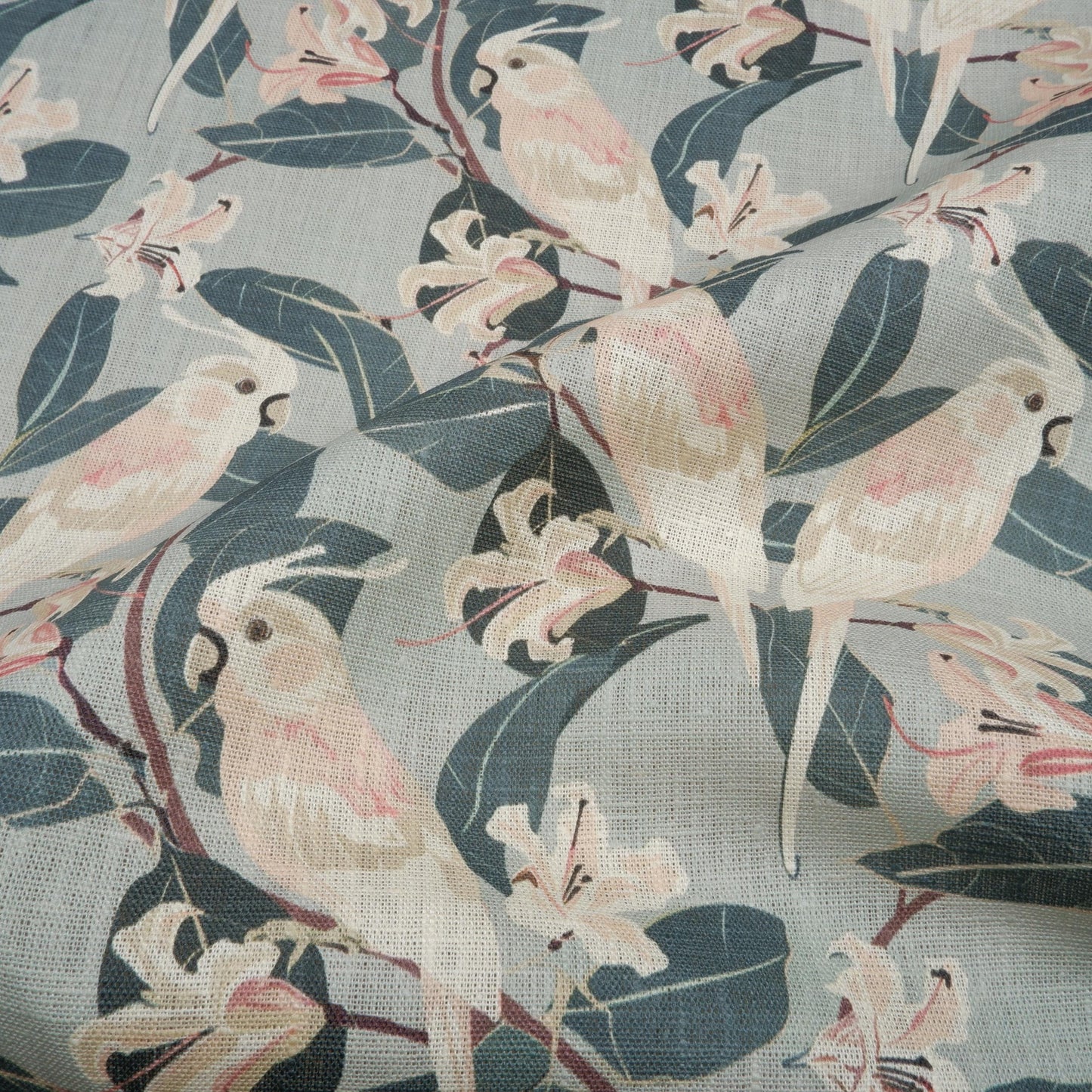 100% LINEN Fabric french blue block print on oatmeal natur linen, floral fabric with parrot French linen botanical upholstery clothing
