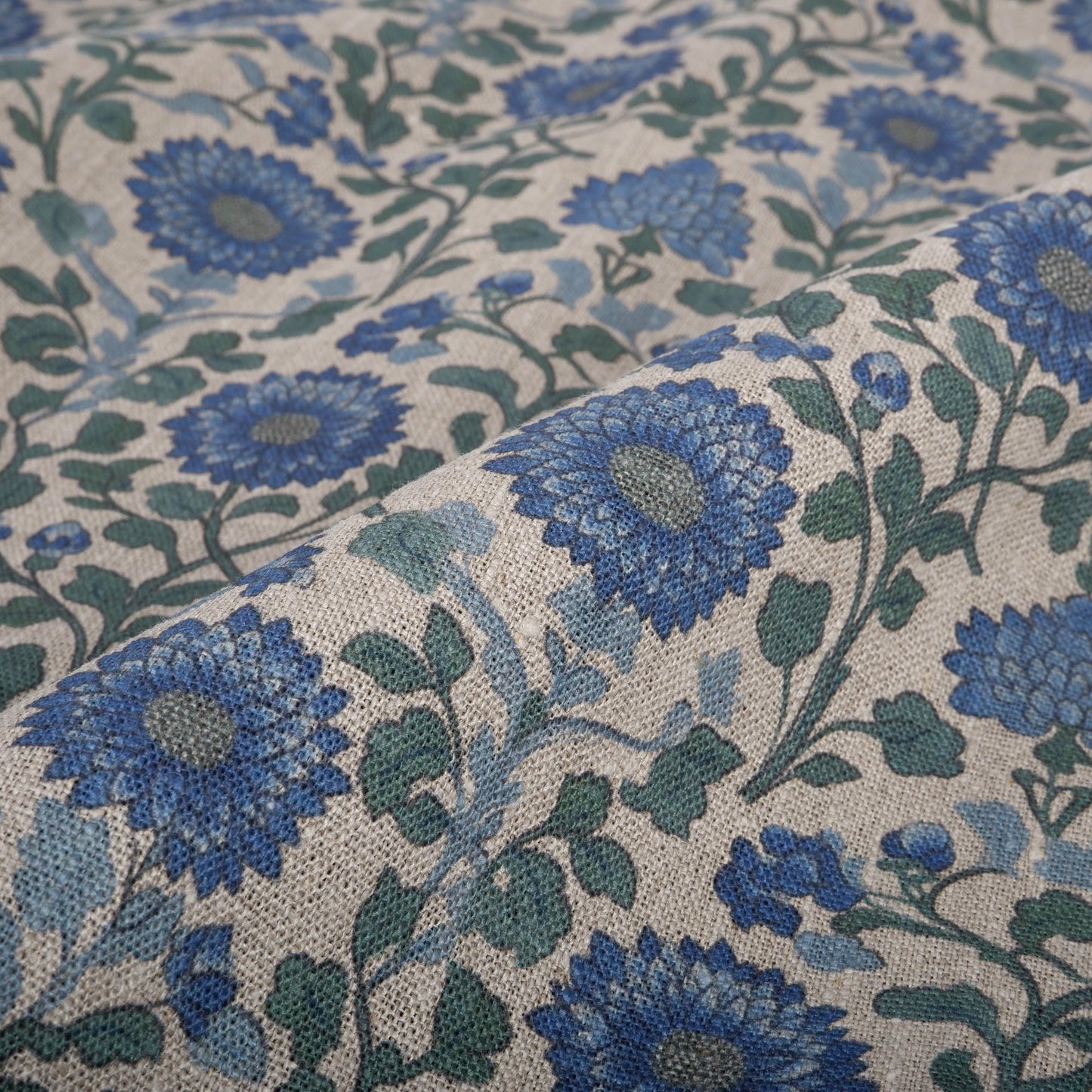 100% LINEN Fabric Mughal floral blue block print on oatmeal natur linen - linen floral upholstery dress making sewing curtains