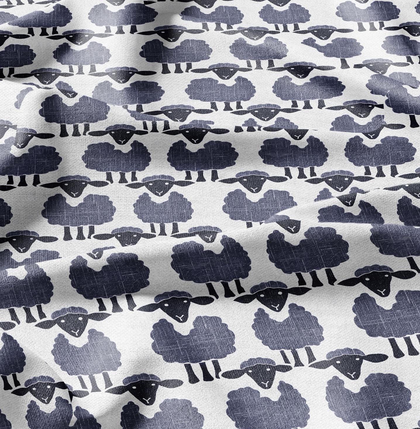 100% LINEN Fabric Sheep blue white - white graphic fabric print - Scandinavian linen Modern Nursery fabric