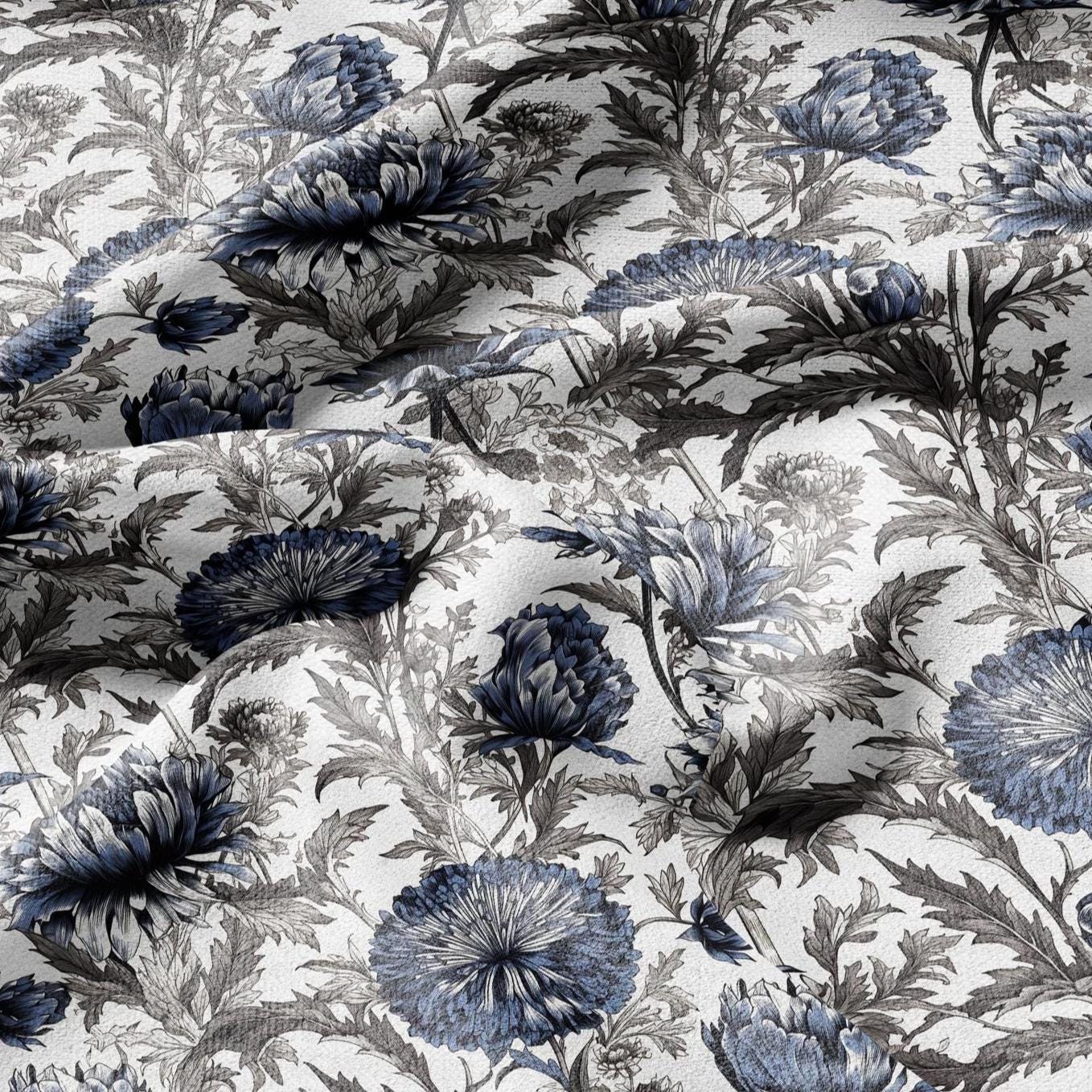 100% LINEN Fabric blue flower print on white linen - Floral print flax fabric for uphlstery heavy / medium for clothing 2575