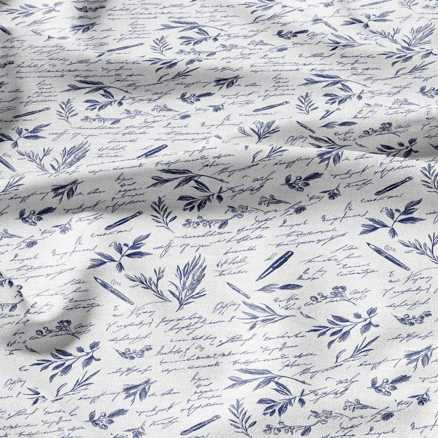 100% LINEN Fabric blue writting print on white linen - indigo blue letter fabric for uphlstery heavy / medium for clothing 2577