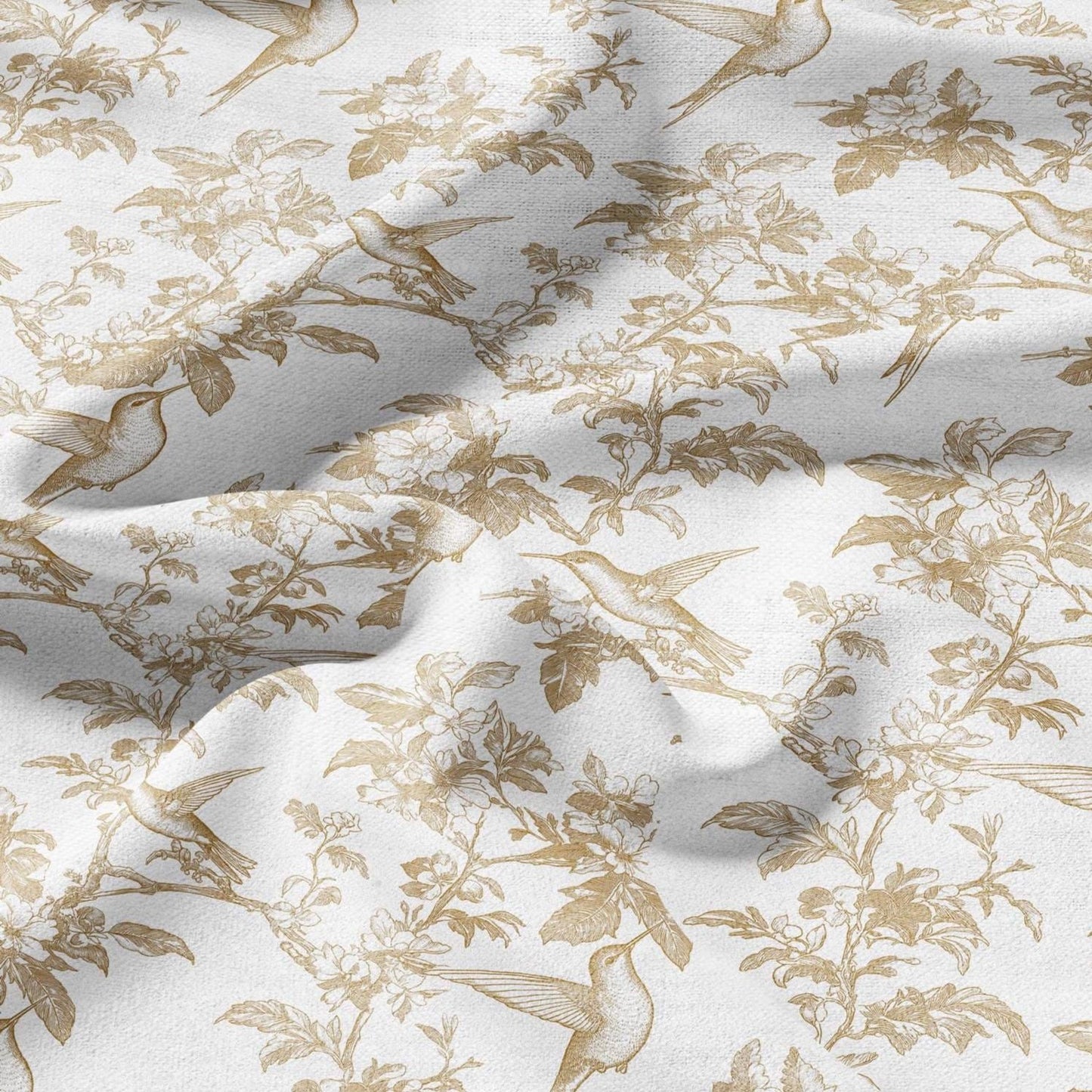 100% LINEN Fabric beige hummingbird print on white linen - floral botanical French Provence style - linen upholstery sewing dress 2040