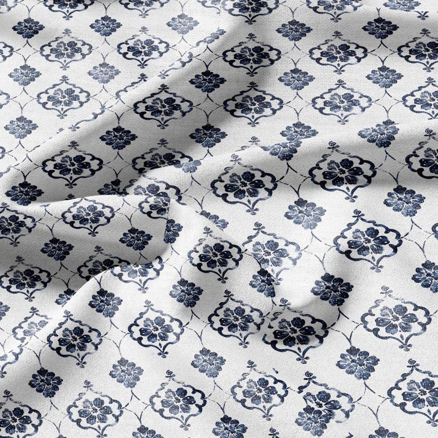 100% LINEN Fabric Greek blue flower print on white linen - Floral print flax fabric for uphlstery heavy / medium for clothing 2574