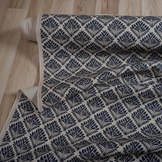 100% LINEN Fabric block print on oatmeal, linen fabric with blue indigo floral print, heavy linen fabric for upholstery home decor clothing