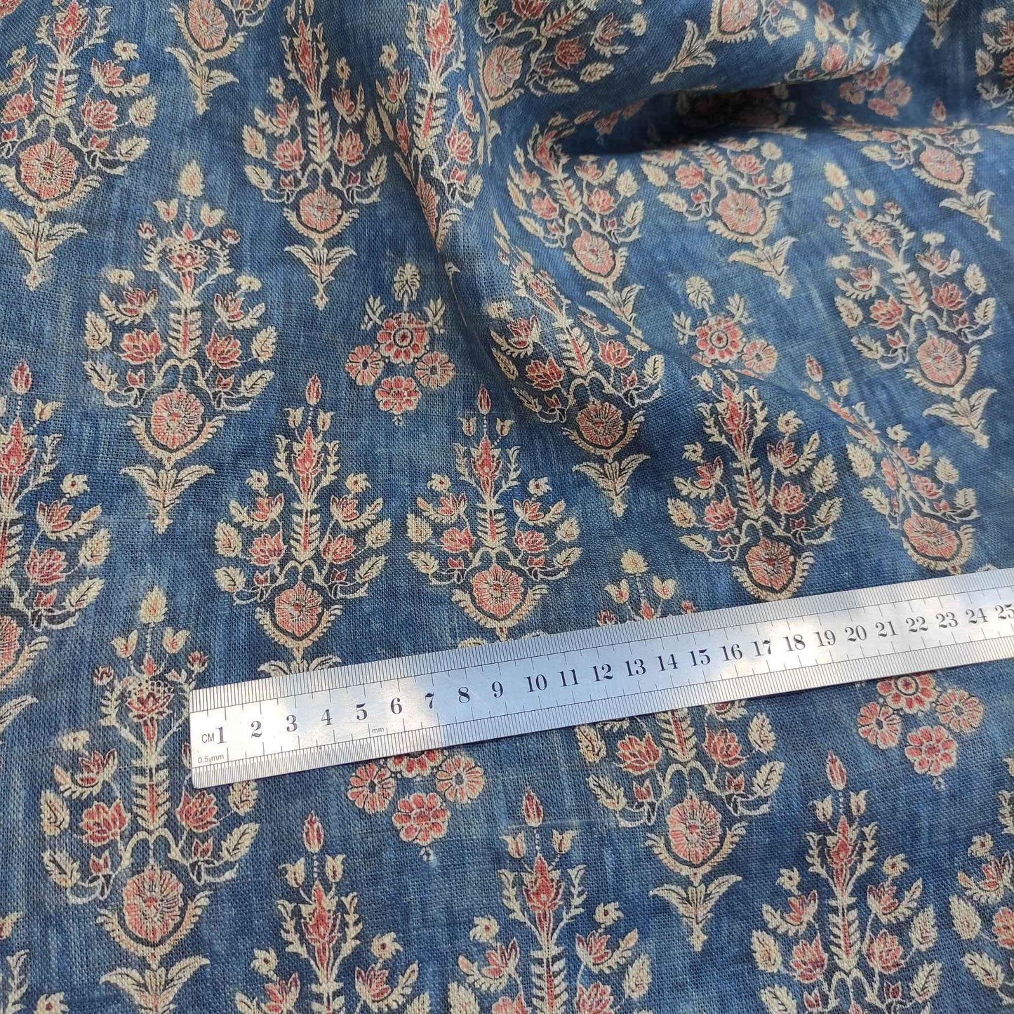 100% LINEN Fabric block print, oatmeal natur linen fabric with blue floral print, heavy linen fabric for upholstery home decor 322