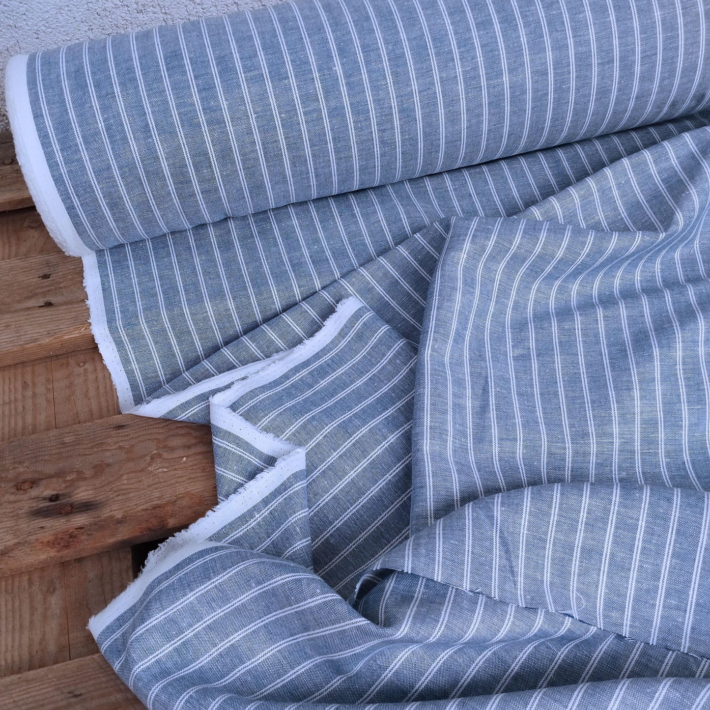 100% linen fabric 200gsm Striped white - blue. Medium weight, dense. For dresses, blouses, trousers, skirts