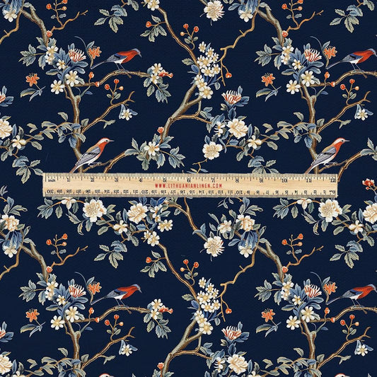 100% LINEN Fabric UPHOLSTERY 12oz - Navy blue toile de jouy brids on tree print on linen - Modern vintage pattern 2054