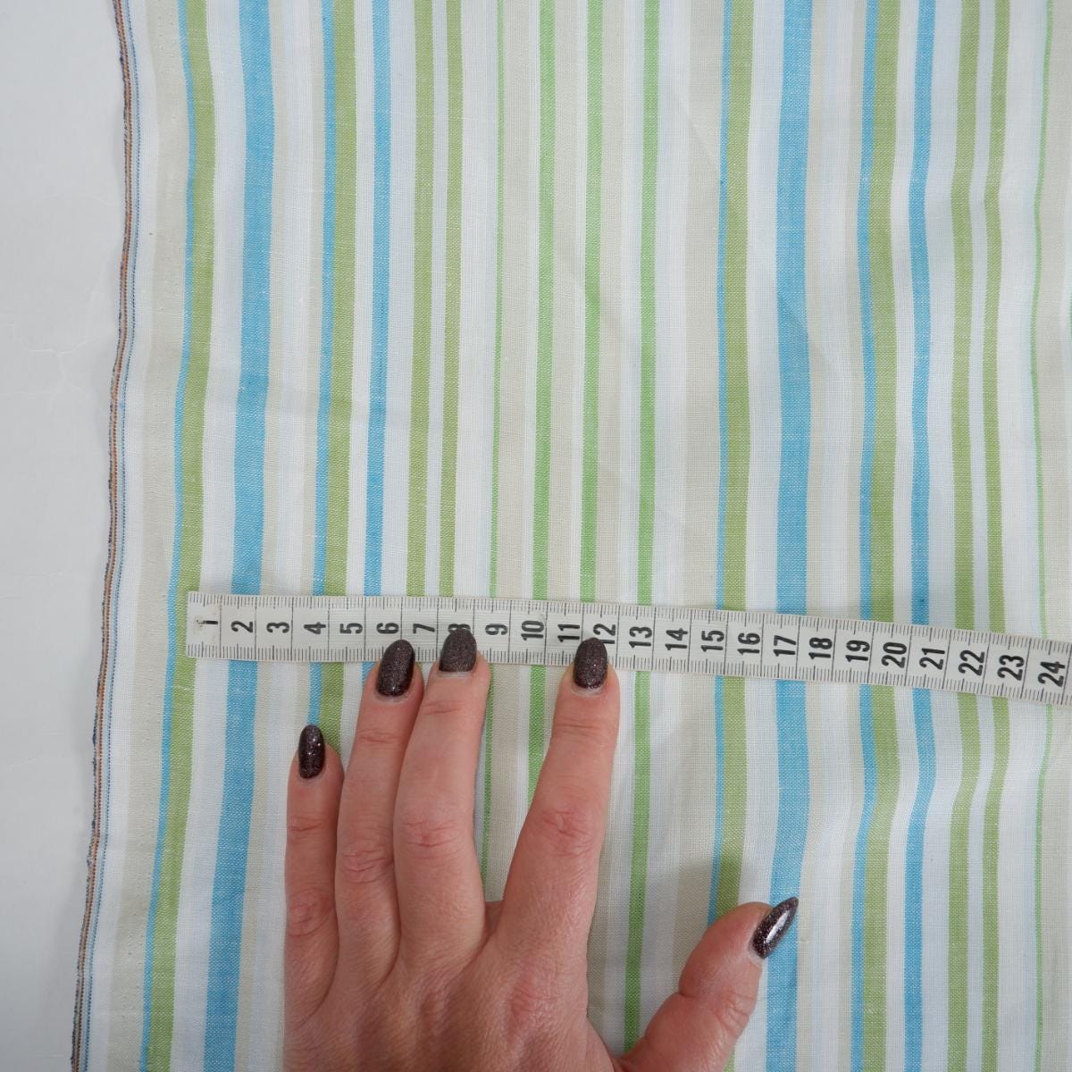 Premium Linen striped Fabric in blue green white | Medium weight multicolor stripes Valencia Stripe for clothing home textile