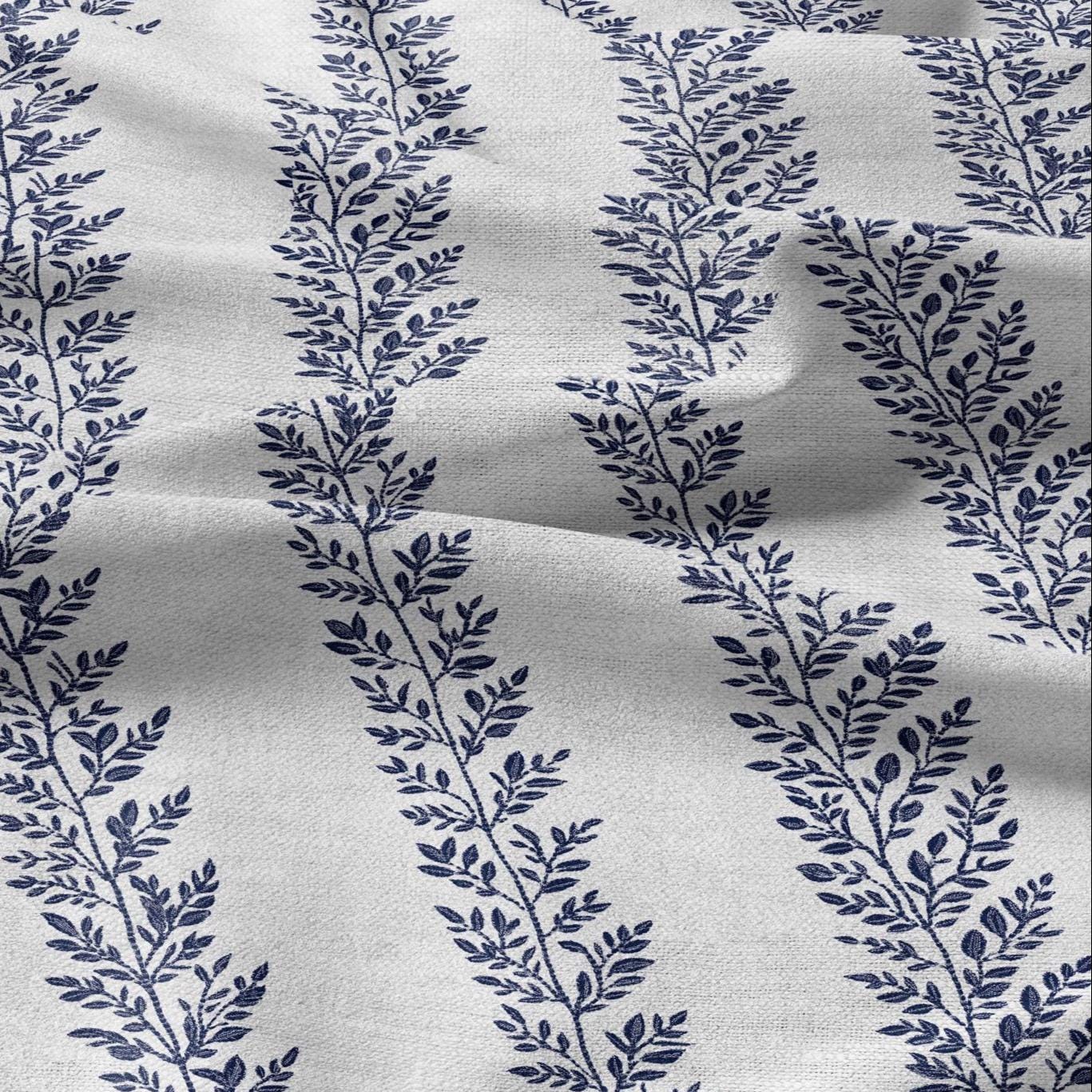 100% LINEN Fabric french blue floral stripe print on white linen - tree leaves on flax fabric for uphlstery heavy / medium for clothing 2580