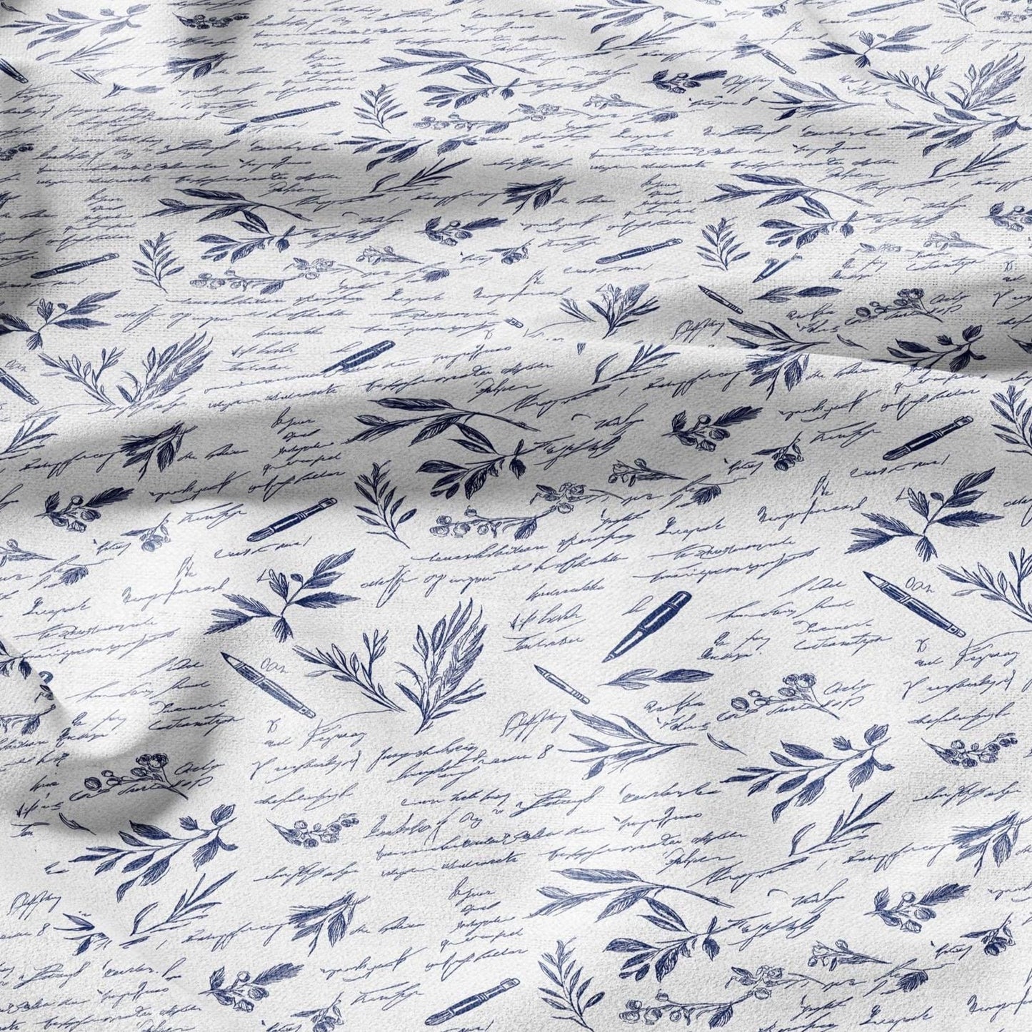 100% LINEN Fabric blue writting print on white linen - indigo blue letter fabric for uphlstery heavy / medium for clothing 2577