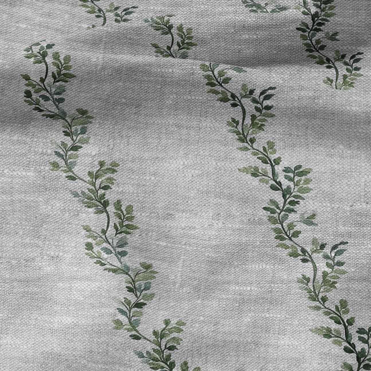 100% LINEN Fabric greenery stripe print - oatmeal neutral fabric with green print - linen fabric upholstery home decor dressmaking 2709