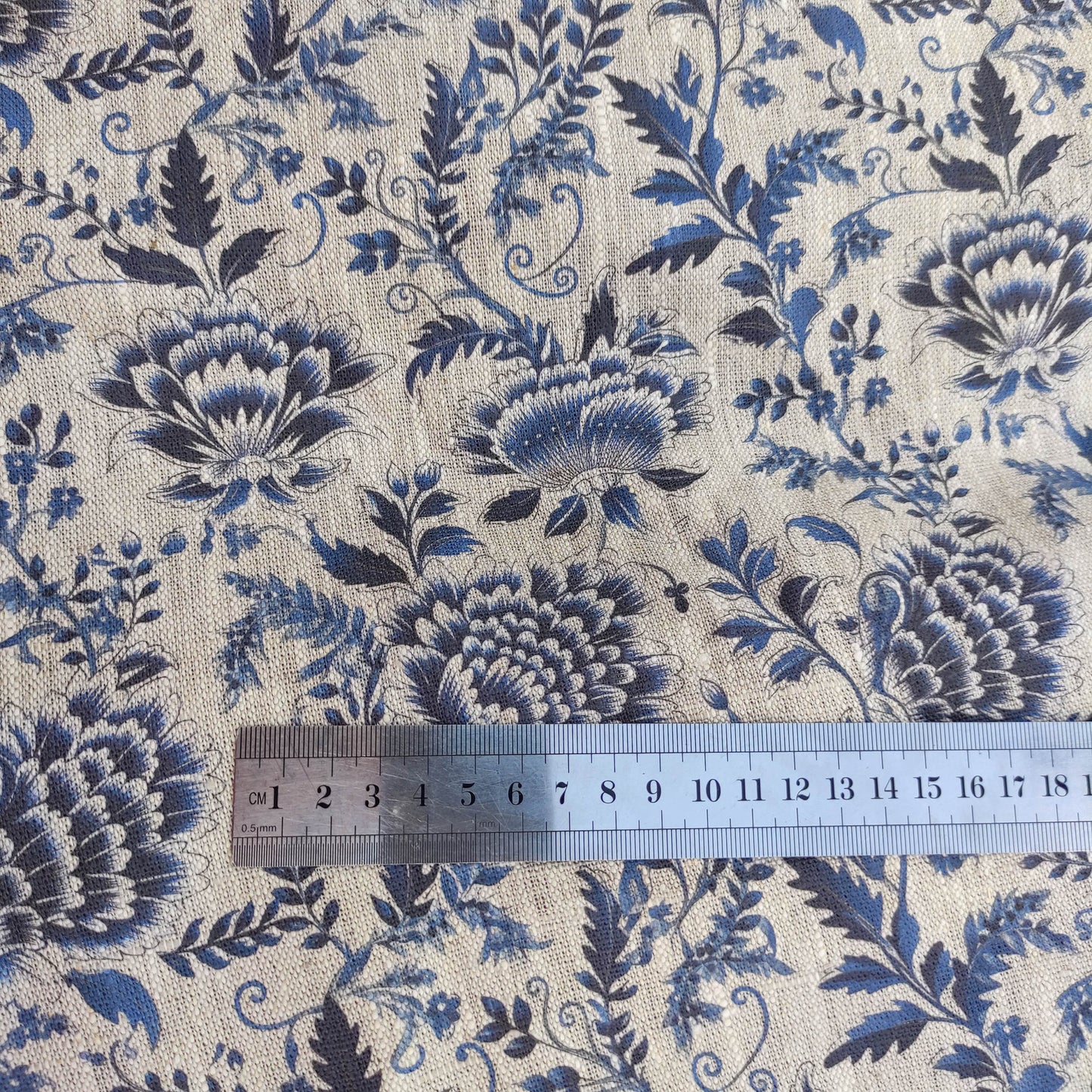 100% LINEN Fabric indigo blue on oatmeal natur linen, white botanical chinoiser fabric, French linen floral