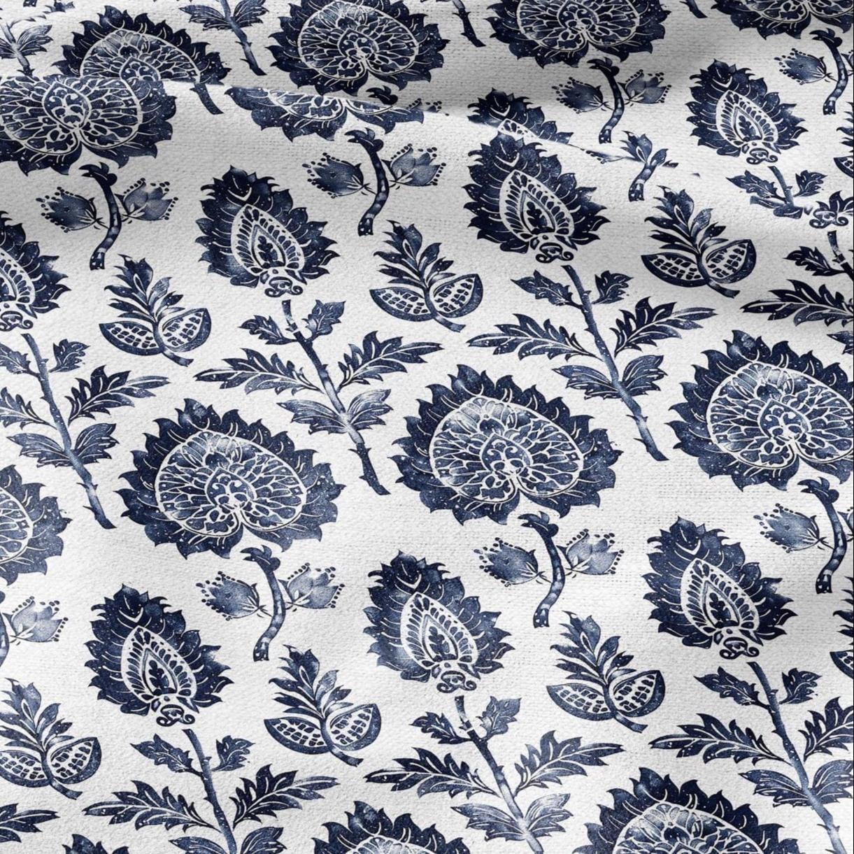 100% LINEN Fabric block print indigo blue on white - blue floral print heavy linen fabric for upholstery home decor 2009