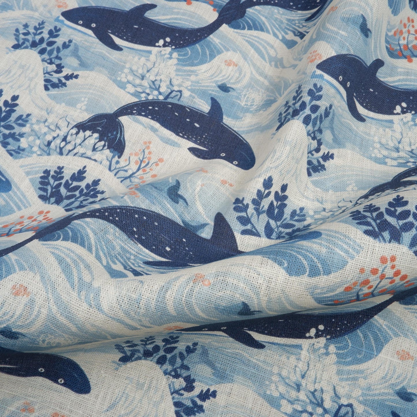 100% LINEN Nautical print WHALE ,white linen fabric with blue coastal print for upholstery home decor