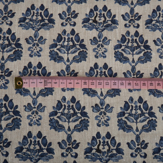 100% LINEN Fabric indigo blue block print - oatmeal neutral fabric with blue floral print - linen for upholstery home decor dressmaking 389