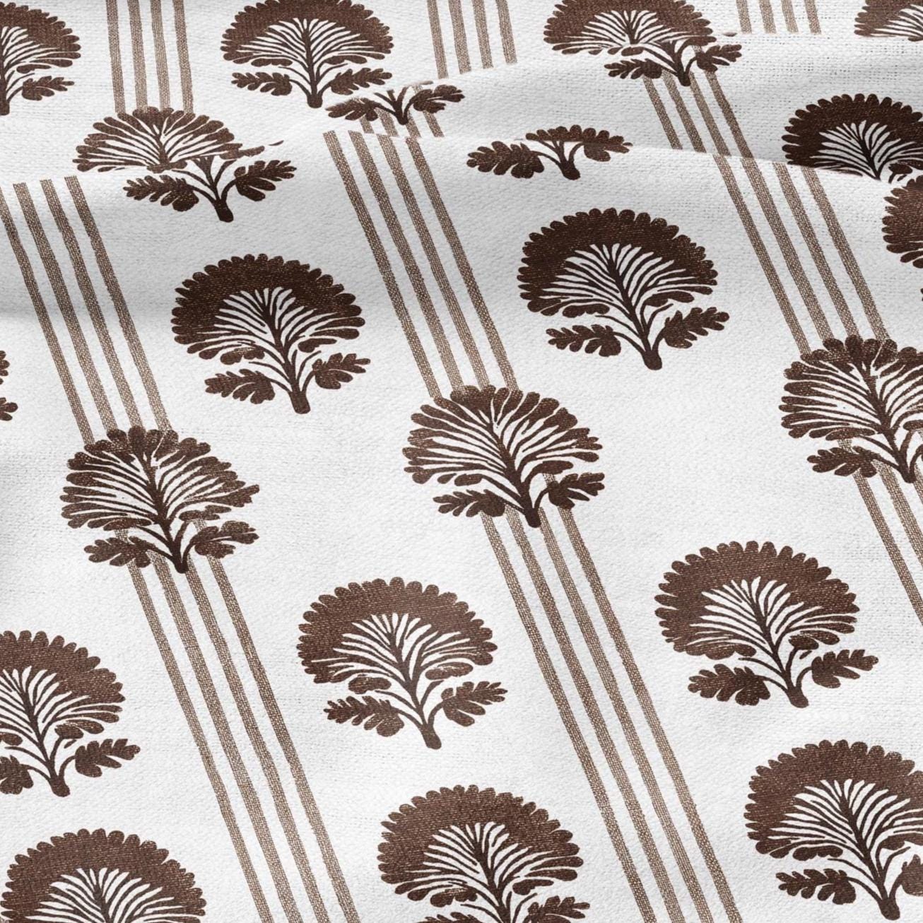 100% LINEN Fabric floral print - brown white stripe block print linen heavy for upholstery home decor - medium for dress making 2800