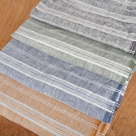 Premium Linen striped Fabric in blue white | Heavy weight French country ticking stripes in green black blue yellow white