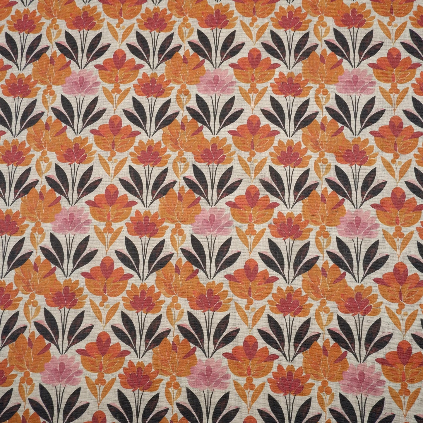 100% LINEN Fabric retro pattern on linen fabric - floral botanical orang heavy linen fabric for upholstery home decor clothing