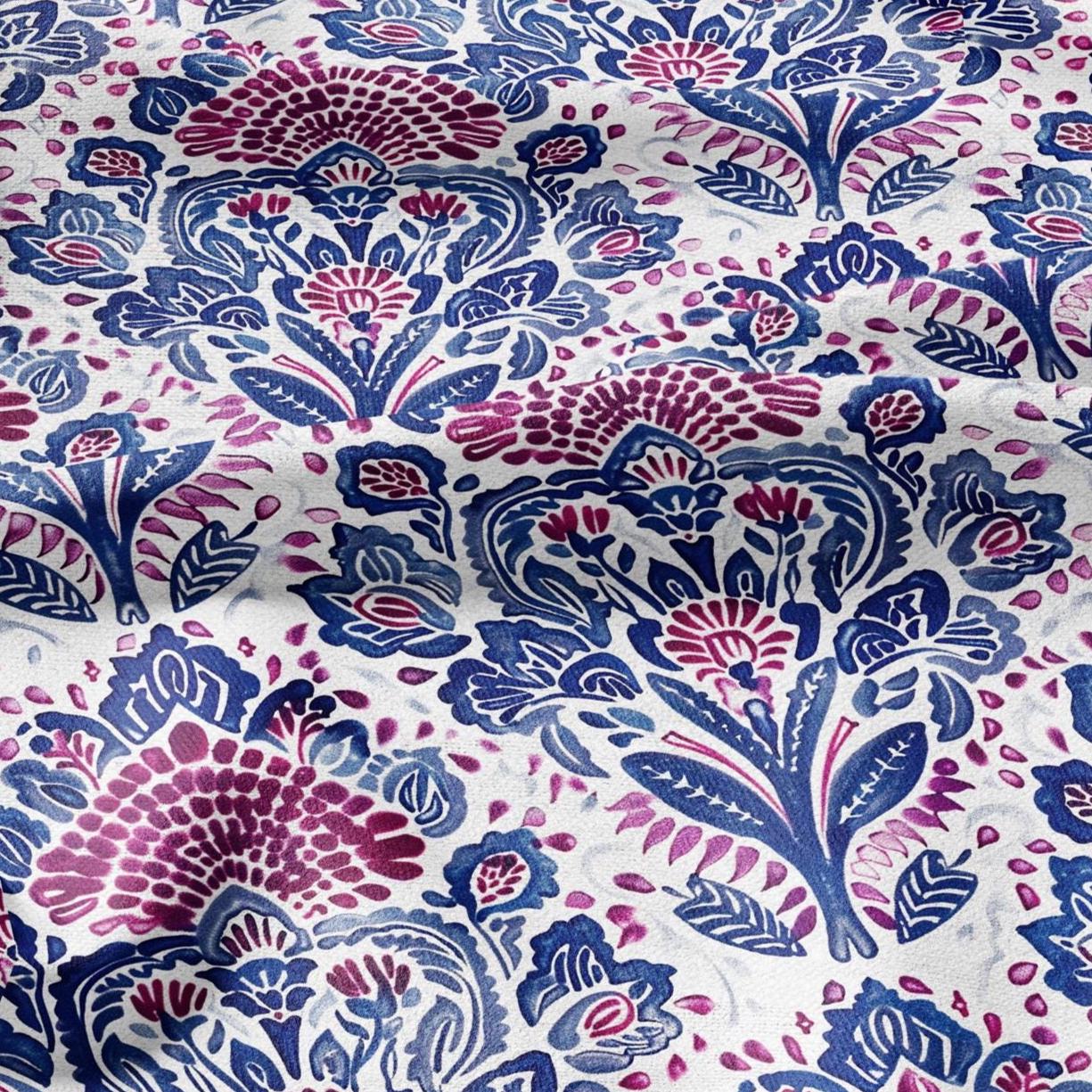 100% LINEN Fabric block print indigo blue red on white - floral print heavy linen fabric for upholstery home decor 2022