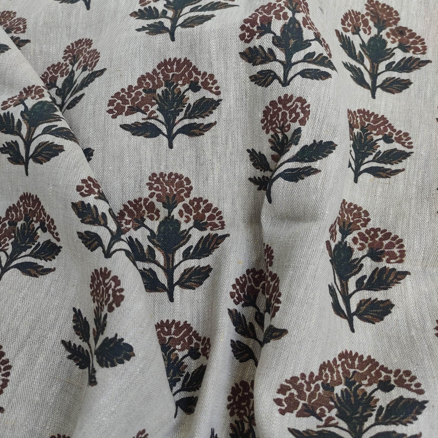 100% LINEN Fabric hand block print flowers - oatmeal linen fabric with black brown print Achillea - fabric for home decor upholstery