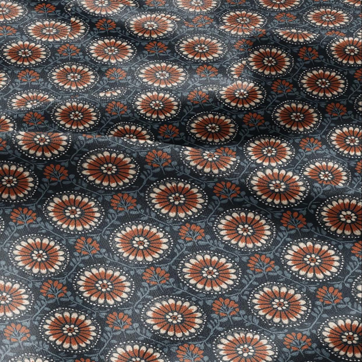 100% LINEN Fabric block print MaruiHana - japanese floral print heavy linen for upholstery home decor or medium weight dress making 2799