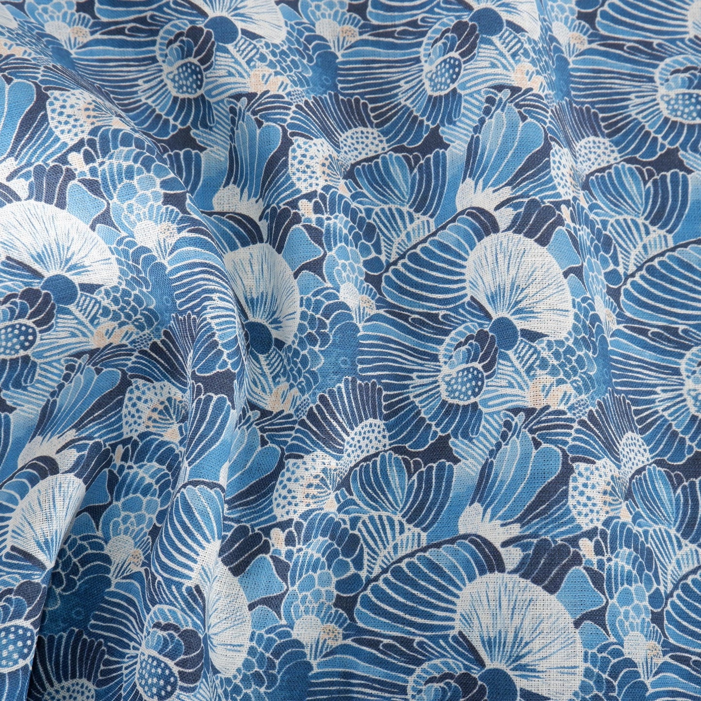 100% LINEN Fabric block print indigo blue white Japandi Sensu - Japanese fabric with abstract fan print linen upholstery dressmaking sewing