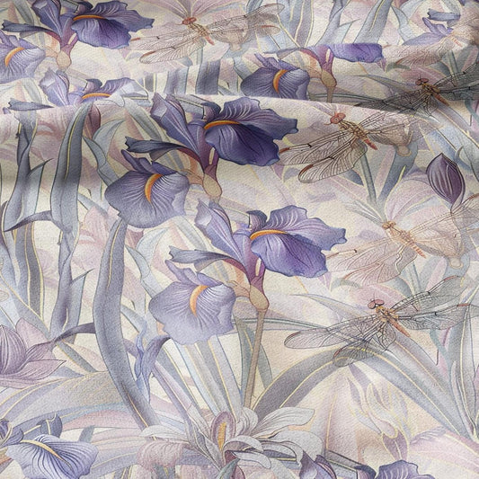 100% LINEN fabric pastel Iris dragonflies print - botanical linen Fabric for upholstery home textile dress making 2028
